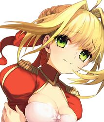  ahoge blonde_hair breasts cleavage commentary_request dh_ead dress epaulettes fate/extra fate_(series) female green_eyes hair_intakes hair_ribbon medium_breasts nero_claudius_(fate) nero_claudius_(fate/extra) official_style ribbon solo 