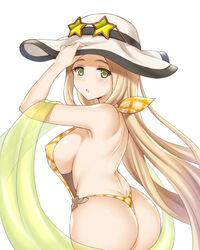  ass blonde_hair blush breasts commentary_request covered_nipples dimples_of_venus diola_(granblue_fantasy) female from_behind granblue_fantasy green_eyes hand_on_headwear hat lang_(chikage36) large_breasts long_hair looking_back open_mouth simple_background slingshot_swimsuit solo star-shaped_eyewear star_(symbol) swimsuit very_long_hair white_background 