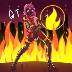  axe boots breasts female fire gas_mask gloves gotwin high_heel_boots high_heels pink_hair rule_63 team_fortress_2 tf2 the_pyro thigh_boots thighhighs weapon 