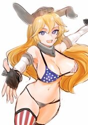  american_flag american_flag_bikini american_flag_print animal_ears bikini blonde_hair blue_eyes breasts commentary_request cowboy_shot female fingerless_gloves flag_print gloves headgear highres iowa_(kancolle) kantai_collection kutouten large_breasts long_hair print_bikini rabbit_ears solo star-shaped_pupils star_(symbol) striped swimsuit symbol-shaped_pupils thighhighs vertical_stripes 