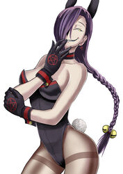  alternate_breast_size animal_ears bare_shoulders bell black_gloves braid breasts chikujouin_magane choker commentary_request earrings fake_animal_ears female gloves grin hair_over_one_eye jewelry jingle_bell long_hair looking_at_viewer medium_breasts pantyhose playboy_bunny purple_hair rabbit_ears re:creators sahagin_(shoban) sharp_teeth smile solo standing stud_earrings teeth torii_earrings yellow_eyes 