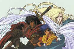  1990s_(style) 2boys armor black_hair blonde_hair blue_eyes blue_hair boice cape dark_skin earrings elbow_gloves expressionless eyes_visible_through_hair female floating_hair gloves greaves green_background green_eyes heterochromia holding holding_sword holding_weapon jewelry kaze_no_tairiku lakshi_(kaze_no_tairiku) long_hair looking_at_viewer multiple_boys official_art retro_artstyle sheath sheathed short_hair simple_background smile sword third-party_source tieh weapon yuuki_nobuteru 