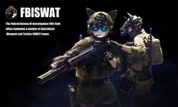  2girls animal_ears ar-15 commentary_request fbi flashlight fox_ears gloves gun headphones helmet highres mechanix_wear multiple_girls night_vision_device original rifle skirt tiewan weapon 