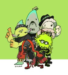  4boys bandana black_shirt blow_bottom commentary_request female fin_bottom fuka_bottom glasses grey_background hat highres inahara kilt male_focus multiple_boys murtaugh_bottom on_one_knee plaid pose shark shirt simple_background splatoon_(series) splatoon_2 t-shirt tangle_bottom 