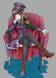  armchair black_cape black_necktie black_thighhighs blue_eyes blunt_bangs blush boots brown_footwear brown_hair cane cape chair collared_shirt commentary_request cross-laced_footwear crossed_legs female gloves grey_background hand_on_cane hat head_tilt jacket kurosu_aroma lace-up_boots long_hair long_sleeves looking_at_viewer military_hat military_jacket multicolored_cape multicolored_clothes necktie oerba_yun_fang okiru open_mouth peaked_cap pretty_series pripara purple_hat purple_jacket purple_skirt red_cape shirt short_necktie sitting skirt solo thighhighs v-shaped_eyebrows white_gloves white_shirt 