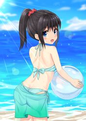  :d ass bad_id bad_pixiv_id ball bare_arms bare_shoulders beachball bikini black_hair blue_eyes blue_sky blurry blurry_background blush butt_crack cloud commentary day depth_of_field female green_bikini hair_between_eyes halterneck high_ponytail highres holding holding_ball horizon leaning_forward long_hair looking_at_viewer looking_back ocean open_mouth original outdoors ponytail sand sarong side-tie_bikini_bottom sidelocks sky smile solo sutei_(xfzdarkt) swimsuit transparent water water_drop wet 