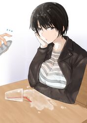  arm_support black_hair commentary_request cup drinking_glass drinking_straw female flying_sweatdrops head_rest jacket jewelry ogros original ring shirt short_hair simple_background sitting solo_focus spill striped_clothes striped_shirt wet wet_clothes wet_hair 