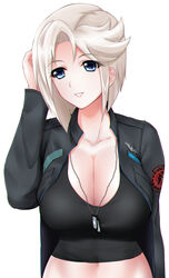  blonde_hair blue_eyes breasts cleavage female large_breasts midriff muvluv muvluv_alternative muvluv_total_eclipse navel parted_lips short_hair smile solo stella_bremer upper_body 