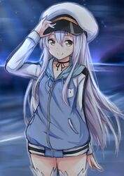  arm_at_side arm_up aurora blue_jacket blush brown_eyes chinese_commentary closed_mouth commentary_request drawstring female hair_between_eyes hakuya_(white_night) hand_on_headwear hat hood hood_down hooded_jacket island_(game) jacket long_hair long_sleeves military_hat night night_sky ohara_rinne outdoors peaked_cap sky smile solo standing thighhighs very_long_hair white_hair white_hat white_thighhighs 