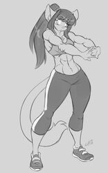  5:8 abs anthro bottomwear bra breasts chalo chest_tuft clothed clothing domestic_cat felid feline felis female fur hair las_lindas mammal monochrome muscular muscular_anthro muscular_female navel pants rachael_saleigh shirt solo thick_thighs topwear tuft underwear wide_hips 