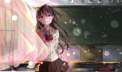  absurdres arms_behind_back blazer bow brown_eyes brown_hair brown_skirt chalkboard classroom commentary_request curtains desk ebinuma_11 female highres indoors jacket kimi_no_suizou_wo_tabetai long_hair looking_at_viewer red_bow school_desk school_uniform skirt smile solo standing window yamauchi_sakura 