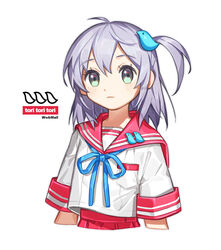  ahoge arms_at_sides bad_id bad_pixiv_id blue_neckwear blue_ribbon blush commentary_request cropped_torso female green_eyes grey_hair hair_between_eyes hair_ornament highres long_hair looking_at_viewer neck_ribbon one_side_up original parted_lips photoshop_(medium) pleated_skirt red_sailor_collar red_skirt ribbon sailor_collar school_uniform serafuku shirt short_sleeves simple_background skirt solo upper_body white_background white_shirt yai_(hachihito) 