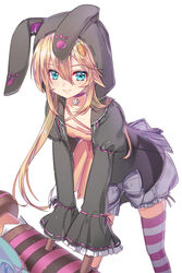  1boy animal_ears animal_hood aqua_eyes black_jacket blonde_hair bloomers blue_eyes blush bow carrot_hair_ornament choker chung_seiker closed_mouth colored_eyelashes commentary_request criss-cross_halter downblouse elsword eyebrows fake_animal_ears flower food-themed_hair_ornament frills grey_bow hair_between_eyes hair_ornament hairclip halterneck holding hood hooded_jacket jacket leaning_forward legs_apart light_particles long_hair long_sleeves looking_at_viewer male_focus open_clothes open_jacket otoko_no_ko paw_print purple_bloomers purple_ribbon rabbit_ears rabbit_hood ribbon ribbon-trimmed_sleeves ribbon_trim smile solo standing striped_clothes striped_thighhighs thighhighs underwear very_long_hair wataru_kuri white_background wide_sleeves 