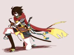  1boy ahoge arazaki_(en) armor bad_id bad_pixiv_id black_hair blade cape dual_wielding gauntlets holding latale male_focus on_one_knee sheath sheathed solo strider_(latale) string 