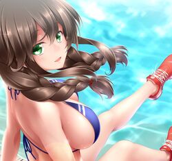  bad_id bad_twitter_id bare_shoulders bikini blue_bikini blue_eyes braid breasts brown_hair female green_eyes halterneck kantai_collection large_breasts long_hair looking_at_viewer looking_back midoriiro_no_shinzou no_socks noshiro_(kancolle) open_mouth red_footwear shoes sitting smile sneakers solo string_bikini sweat swept_bangs swimsuit twin_braids water 