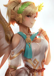  ancient_greek_clothes arm_at_side backlighting berg-yb blonde_hair blue_eyes breasts chinese_commentary chiton cleavage closed_mouth commentary covered_nipples dress female from_side greco-roman_clothes head_wreath high_ponytail highres laurel_crown looking_at_viewer mechanical_wings medium_breasts mercy_(overwatch) no_bra official_alternate_costume overwatch overwatch_1 photoshop_(medium) seductive_smile see-through see-through_silhouette short_hair short_sleeves sideways_glance simple_background smile solo strap_lift upper_body white_background white_dress winged_victory_mercy wings 