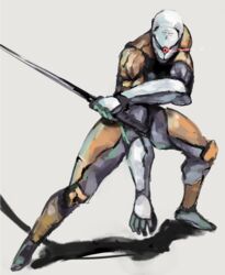  1boy commentary_request cyborg cyborg_ninja glowing gray_fox male_focus mask metal_gear_(series) metal_gear_solid ninja ogros simple_background solo sword weapon 