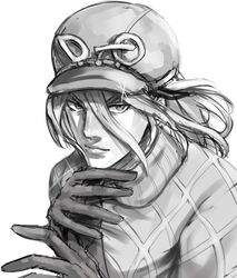  1boy character_name closed_mouth commentary_request diego_brando gloves greyscale hat jojo_no_kimyou_na_bouken lips looking_at_viewer male_focus medium_hair monochrome ogros simple_background solo steel_ball_run turtleneck white_background 