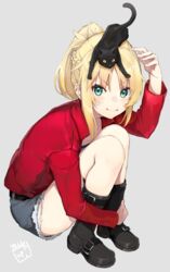  &gt;:) animal animal_on_head belt black_cat black_footwear blonde_hair boots braid cat_on_head closed_mouth collarbone colored_sclera commentary_request denim denim_shorts fate/apocrypha fate/grand_order fate_(series) feline female from_side full_body green_eyes grey_background highres hugging_own_legs long_hair long_sleeves mordred_(fate) mordred_(fate/apocrypha) mordred_(memories_at_trifas)_(fate) mugcup on_head open_clothes open_shirt partially_colored ponytail red_shirt shirt short_shorts shorts signature simple_background sitting slit_pupils smile v-shaped_eyebrows yellow_sclera 