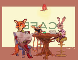  2016 anthro barefoot beverage canid canine chair coffee computer container crossed_legs cup dessert disney doughnut electronics eyewear feet female fennec_fox finnick_(zootopia) food fox furniture group hands_behind_head height_assist high_chair holding_object judy_hopps lagomorph laptop leporid male mammal newspaper nick_wilde pastry rabbit reading reclining red_fox simple_background sitting stool sunglasses table true_fox twinklepug zootopia 