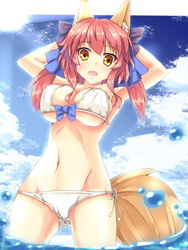  animal_ears arms_behind_head bad_id bad_pixiv_id bikini commentary_request fate/extra fate_(series) female fox_ears fox_tail fuyuki8208 highres long_hair navel official_alternate_costume pink_hair solo standing swimsuit tail tamamo_(fate) tamamo_no_mae_(fate/extra) tamamo_no_mae_(sexy_bikini)_(fate) twintails water yellow_eyes 