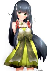  arms_behind_back artist_name bad_id bad_twitter_id bare_shoulders black_hair blunt_bangs blush boruhis breasts cowboy_shot detached_collar detached_sleeves dress eyebrows female flying_sweatdrops green_dress green_eyes hair_ornament hair_tubes highres kantai_collection long_hair looking_at_viewer medium_breasts mizuho_(kancolle) obi red_ribbon ribbon sash sidelocks simple_background solo standing very_long_hair white_background 