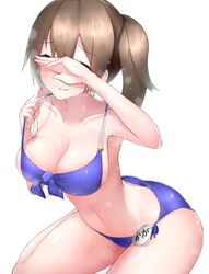  artist_name bad_id bad_twitter_id bare_arms bikini blue_bikini blush boruhis breasts brown_hair character_name cleavage closed_mouth collarbone covering_own_eyes eyebrows female front-tie_top hair_between_eyes kaga_(kancolle) kantai_collection large_breasts long_hair motion_lines navel side-tie_bikini_bottom side_ponytail simple_background smile solo stomach sweat swimsuit white_background 