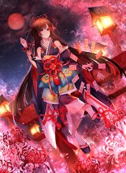  black_kimono brown_hair commentary_request dutch_angle female floating_hair flower flower_knot flower_tattoo full_moon higanbana_(onmyoji) highres holding japanese_clothes kikumon kimono long_hair looking_at_viewer moon name_connection night night_sky object_namesake ofuda outdoors red_eyes red_flower red_moon shoulder_tattoo sitting sky sleeveless sleeveless_kimono solo tattoo very_long_hair yu_jiu 