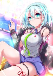  aqua_eyes aqua_hair commentary_request crash_fever female hair_ornament highres nanaume_(shichimi_tougarashi) necktie semi-rimless_eyewear short_hair skirt thigh_strap trebla under-rim_eyewear 