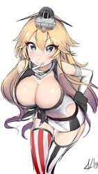  :p blonde_hair blue_eyes breasts cleavage coda_(simon1995) commentary_request elbow_gloves female fingerless_gloves garter_straps gloves highres iowa_(kancolle) kantai_collection large_breasts leaning_forward long_hair miniskirt skirt solo star-shaped_pupils star_(symbol) striped_clothes striped_thighhighs symbol-shaped_pupils thighhighs tongue tongue_out vertical_stripes zettai_ryouiki 