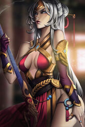  bad_anatomy bare_shoulders blue_eyes breasts breasts_apart center_opening commentary_request female fingerless_gloves gem gloves gun hair_ornament hair_stick headband highres jellyemily jewelry lian_(paladins) lipstick long_hair makeup medium_breasts nail_polish paladins photoshop_(medium) rifle ring solo thumb_ring weapon white_hair 