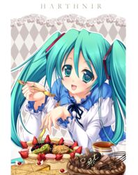  aqua_eyes aqua_hair argyle_background blueberry circle_name cup eat_me female food fork fruit hatsune_miku heart heart-shaped_pupils highres kiwi_(fruit) long_hair macaron misakura_nankotsu oerba_yun_fang open_mouth pie raspberry solo strawberry symbol-shaped_pupils tea teacup twintails vocaloid 