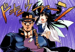  1boy bad_id bad_pixiv_id black_hair blue_eyes chains collar earrings female gakuran hair_ribbon hat highres hime_cut jewelry jojo_no_kimyou_na_bouken kujo_jotaro long_hair muscular pun ribbon school_uniform speed_lines star_platinum star_sapphire toluda touhou wings yellow_eyes 