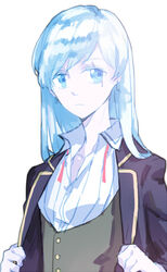  alternate_hairstyle blazer blue_eyes commentary_request earrings female jacket jewelry long_hair milk_puppy rwby scar school_uniform solo weiss_schnee white_hair 