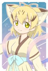  alternate_costume animal_ears artist_name bad_id bad_pixiv_id blonde_hair cat_ears commentary cosplay extra_ears female green_eyes hagoromo highres japanese_clothes kemono_friends looking_at_viewer orihime_(tanabata) orihime_(tanabata)_(cosplay) sand_cat_(kemono_friends) sash shawl shiraha_maru short_hair smile solo 