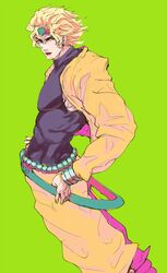  1boy bangle blonde_hair blue_eyes bracelet commentary_request dio_brando earrings hands_on_own_hips headband jacket jewelry jojo_no_kimyou_na_bouken male_focus ogros simple_background solo stardust_crusaders turtleneck yellow_jacket 