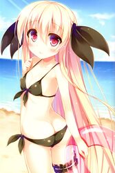  absurdres ass beach bikini black_bikini blonde_hair blue_sky bridal_garter butt_crack cloud day female flat_chest hair_ribbon highres innertube lilia_doll long_hair looking_at_viewer lowleg lowleg_bikini momoiro_taisen_pairon nozomi_tsubame ocean outdoors red_eyes ribbon sand sky solo swim_ring swimsuit very_long_hair water waves 