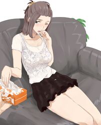  brown_hair commentary_request couch female ogros one_eye_closed original scrunchie see-through simple_background sitting skirt solo_focus tank_top tissue tissue_box 