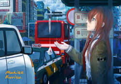  belt blue_eyes bus bus_stop car city cloud commentary_request day dress_shirt female highres jacket long_hair lu&quot; makise_kurisu motor_vehicle necktie rain red_hair shirt sky steins;gate taking_shelter taxi umbrella water_drop 