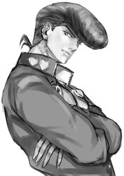  1boy commentary_request crossed_arms diamond_wa_kudakenai gakuran greyscale higashikata_josuke jojo_no_kimyou_na_bouken male_focus monochrome ogros pompadour school_uniform solo white_background 