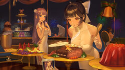  1boy 3girls azur_lane bare_shoulders bell black_hair blue_eyes blunt_bangs blush breasts brown_hair buffet bun_cover cake cellphone champagne_flute chef chef_hat china_dress chinese_clothes cleavage commentary cookie cup cupcake damiaodi double_bun dress drinking_glass evening_gown food food_on_face fruit gelatin gingerbread_man gloves hair_bun hair_ribbon hat highres jewelry macaron meat multiple_girls octopus official_alternate_costume open_mouth phone photoshop_(medium) plate ponytail purple_hair ribbon ring see-through side_slit smartphone south_dakota_(azur_lane) south_dakota_(solo_concert)_(azur_lane) takao_(azur_lane) takao_(the_lessons_of_spring)_(azur_lane) thighhighs tongs unicorn_(azur_lane) unicorn_(the_gift_of_spring)_(azur_lane) wedding_ring white_dress white_gloves yellow_eyes 