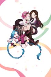  3girls alternate_costume black_skirt blue_hair book boots bound braid brown_eyes brown_hair caitlyn_(league_of_legends) commentary fingerless_gloves food frown gloves goggles goggles_on_head grey_eyes gwayo highres ice_cream jinx_(league_of_legends) knee_boots league_of_legends long_hair long_sleeves multiple_girls open_mouth pantyhose pink_eyes pink_hair shirt short_hair single_thighhigh skirt smile tattoo thighhighs tied_up_(nonsexual) twin_braids vi_(league_of_legends) white_shirt 