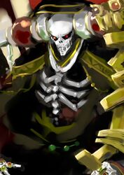  1boy ainz_ooal_gown bone collar hood jewelry kuriyama5422 overlord_(maruyama) red_eyes ring robe skeleton solo staff undead 