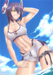  adapted_costume bikini bikini_shorts black_hair checkered_necktie commentary ebr-kii eyepatch female grin headgear kantai_collection muscular necktie official_alternate_costume photoshop_(medium) short_hair shorts smile solo swimsuit tenryuu_(kancolle) tenryuu_(swimsuit_mode)_(kancolle) white_bikini yellow_eyes 