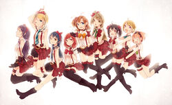  ayase_eri black_hair blonde_hair blue_eyes blue_hair boots bow brown_eyes brown_hair garter gloves hoshizora_rin koizumi_hanayo kousaka_honoka love_live!_school_idol_project minami_kotori natsuno227 nishikino_maki ponytail purple_eyes purple_hair red_eyes red_hair skirt sonoda_umi thighhighs tie toujou_nozomi wink yazawa_nico 