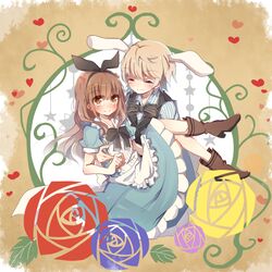  1boy akako_(kanoko1112) alice_(alice_in_wonderland) alice_(alice_in_wonderland)_(cosplay) alice_in_wonderland animal_ears blonde_hair boots bow brown_eyes brown_hair carrying closed_eyes commentary_request cosplay dress female hairbow hisanuma_sayu isaki_kaname long_hair nagi_no_asukara princess_carry rabbit_ears short_hair white_rabbit_(alice_in_wonderland) white_rabbit_(alice_in_wonderland)_(cosplay) 