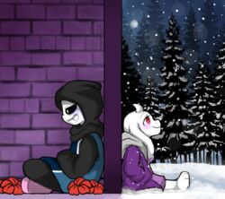  alternate_universe altertale animated_skeleton anthro blush bone boss_monster_(undertale) bovid caprine clothing duo female flower friisans fur hi_res hoodie jacket male mammal moon plant sans_(altertale) sans_(undertale) skeleton smile snow topwear toriel toriel_(altertale) tree undead undertale undertale_(series) white_body white_fur 