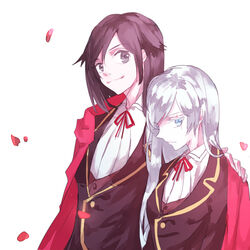  2girls black_hair blue_eyes cape commentary_request long_hair milk_puppy multiple_girls petals ruby_rose rwby scar school_uniform shared_cape shared_clothes short_hair smile weiss_schnee white_hair 