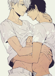  2boys bare_back black_hair commentary_request denim expressionless fingernails glasses grey_background grey_eyes grey_hair grey_shirt hug jeans jewelry katsuki_yuuri looking_away male_focus mo_cha_ri multiple_boys pants patterned_clothing ring shirt short_hair simple_background upper_body viktor_nikiforov yaoi yuri!!!_on_ice 