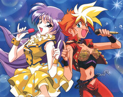  1990s_(style) 2girls back-to-back belt blonde_hair blue_eyes bustier chains chair collar cowboy_shot crop_top cropped_jacket dirty_pair dirty_pair_flash dress dyed_bangs earrings green_eyes holding holding_microphone index_finger_raised jacket jewelry kei_(dirty_pair_flash) kimura_takahiro long_hair microphone midriff multicolored_hair multiple_girls navel non-web_source official_art open_clothes open_jacket open_mouth orange_hair photoshop_(medium) polka_dot polka_dot_dress purple_hair red_jacket retro_artstyle short_hair sleeveless sleeveless_jacket two-tone_hair wrist_cuffs wristband yellow_dress yuri_(dirty_pair_flash) 